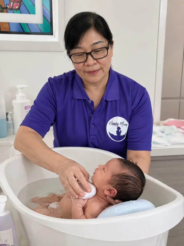 A NannyMoon nanny bathing a newborn