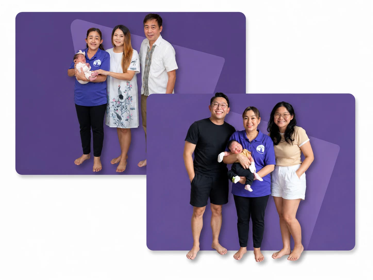 Two NannyMoon nannies with the families and newborns they cared for